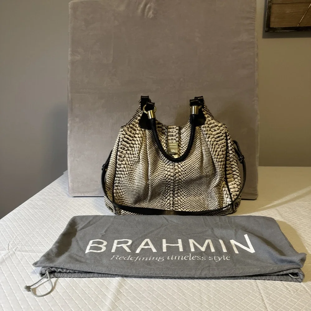 Brahmin Large Elisa Hobo Bag Black/White Snake Embossed Leather Shoulder Purse
